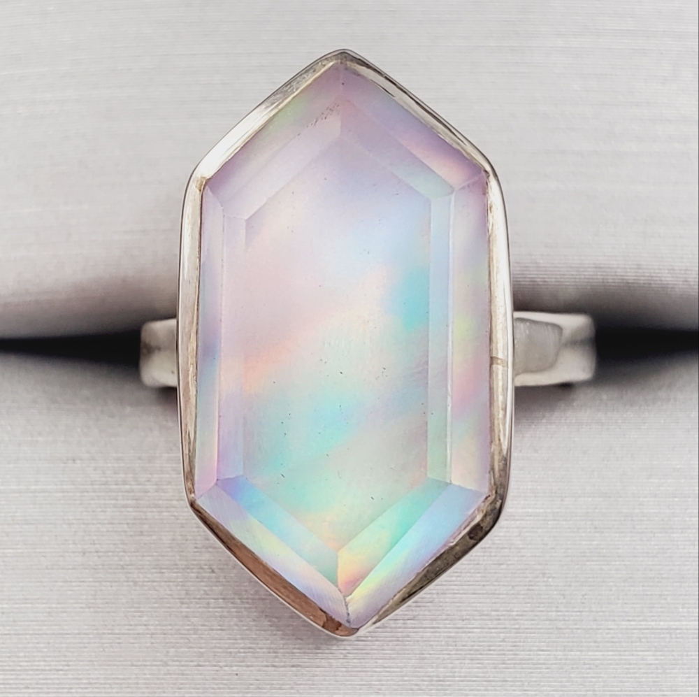 Iridescent Hexagon Gemstone 925 Silver Ring - Opalite Aura Glow